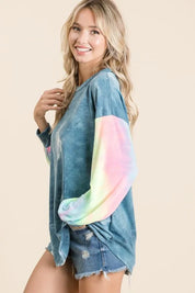 BiBi Tie Dye French Terry Top With Contrast Tie Dye on Simply Obsessed