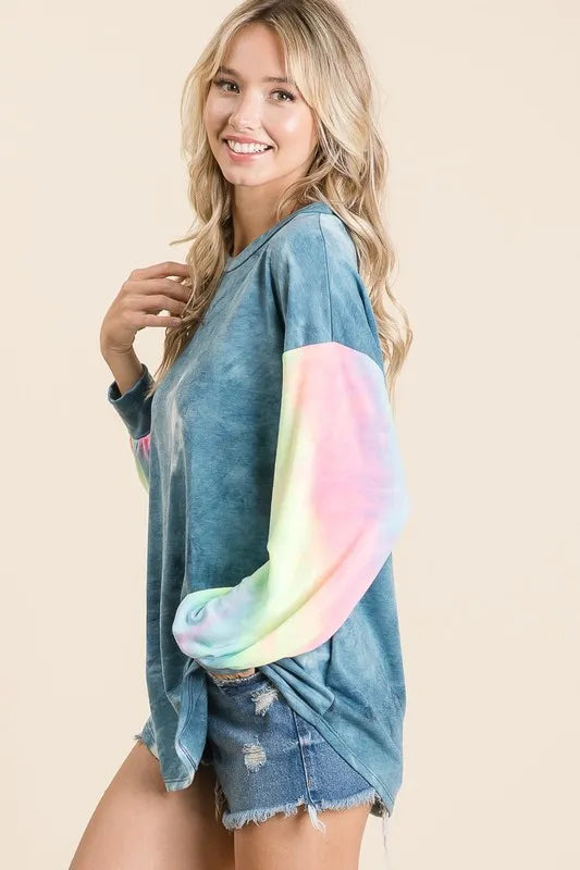 BiBi Tie Dye French Terry Top With Contrast Tie Dye on Simply Obsessed