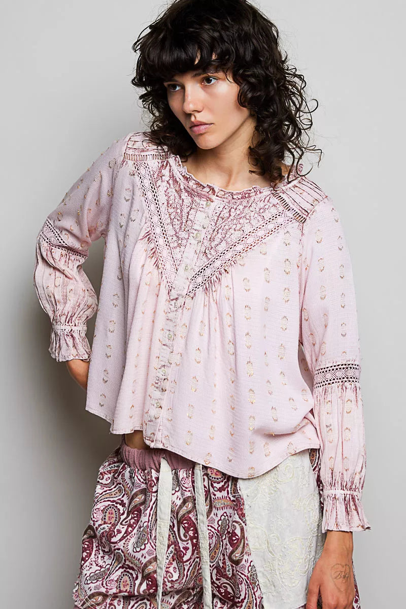 POL Mixed-Pattern Lace Detail Blouse on Simply Obsessed