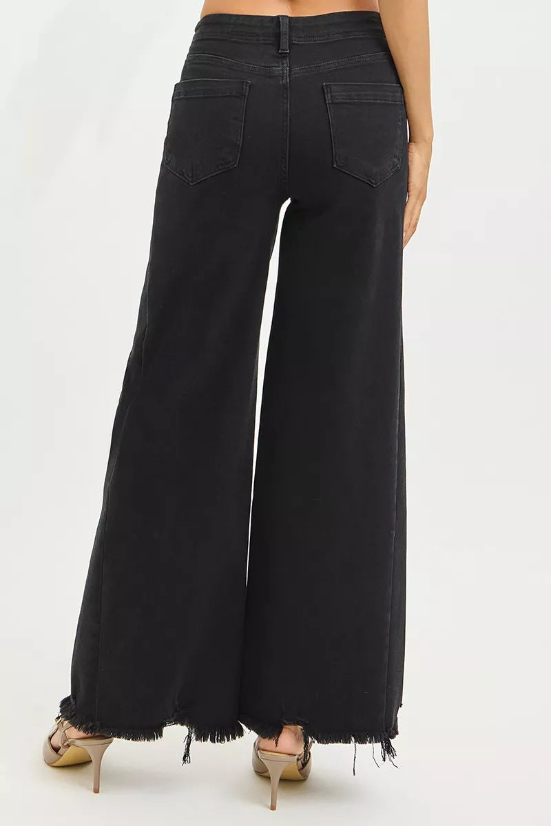 RISEN Tummy Control High Rise Palazzo Leg Frayed Hem Jeans on Simply Obsessed