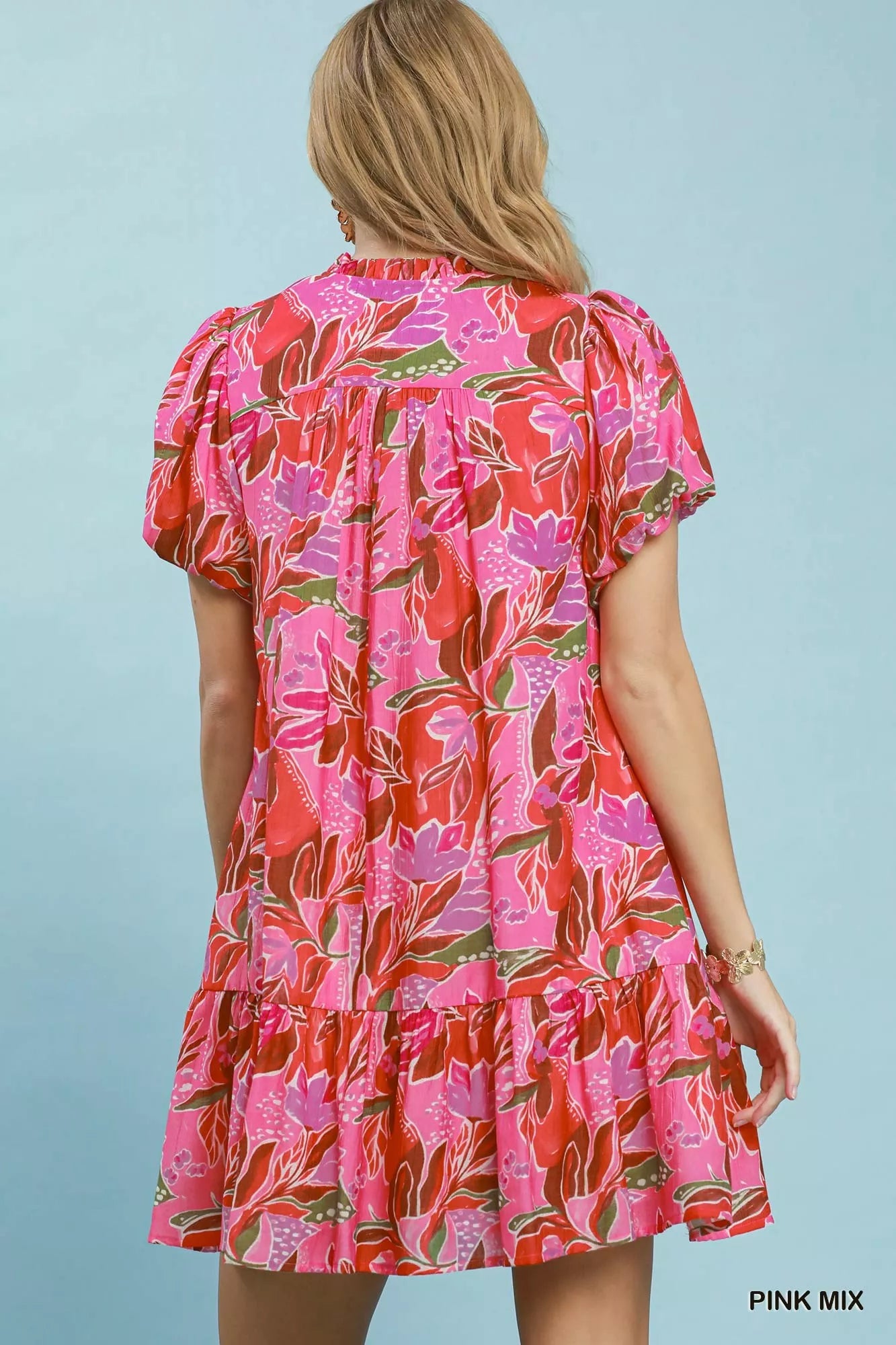 UMGEE Tropical Floral Puff Sleeve Tiered Mini Dress on Simply Obsessed