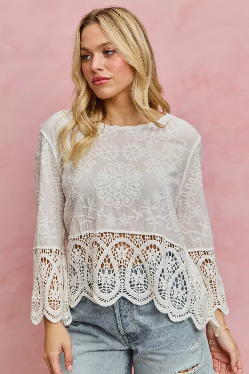 SO ME Floral Embroidered Crochet Lace Trimmed Top **DOORBUSTER** on Simply Obsessed