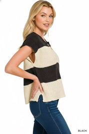 ZENANA Split Neck Sleeveless Stripe Sweater on Simply Obsessed