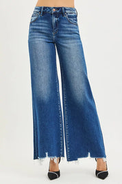 RISEN High Rise Wide Leg Jeans with Distressed Hem on Simply Obsessed