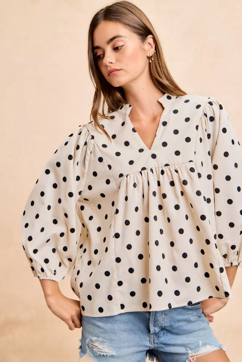 BIBI Polka Dot Corduroy Quarter Sleeves V Neck Blouse on Simply Obsessed
