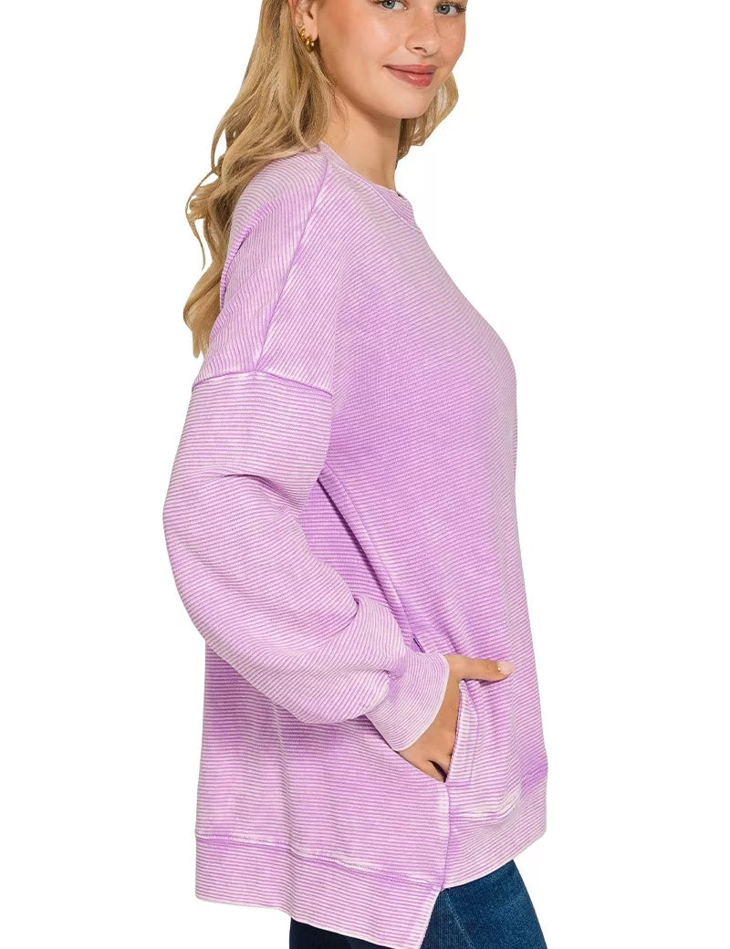 ZENANA Acid Washed Double Ribbed Hi-low Sweatshirt on Simply Obsessed