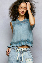 POL Button Closure on Back Ruffled Sleeveless Cotton Blouse with Trim Detail on Simply Obsessed