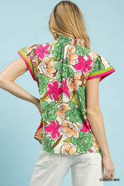 UMGEE Floral Print Blouse with Contrast Trim on Simply Obsessed