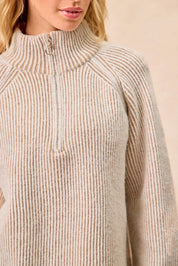 BiBi Two Tone Rib Texured Knit Collared Top with Zip Up on Simply Obsessed