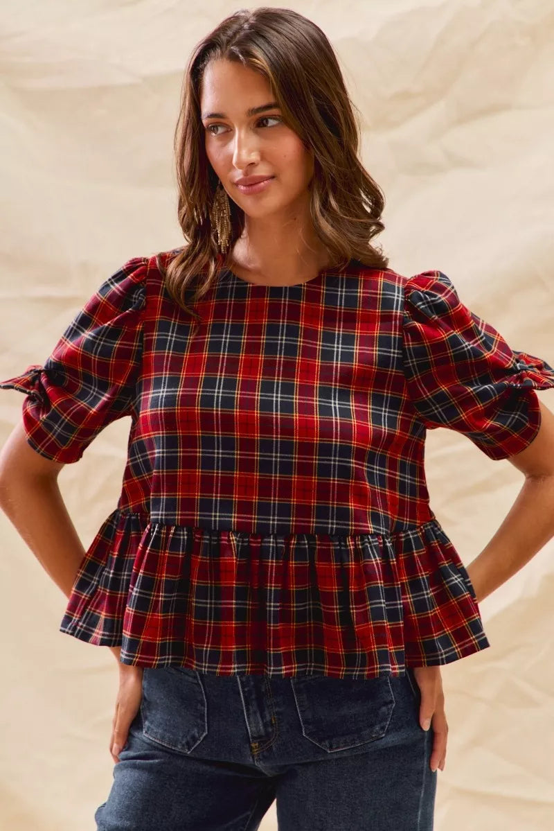 SO ME Christmas Holiday Plaid Ribbon Short Sleeves Top on Simply Obsessed