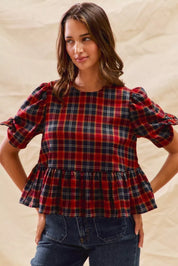 SO ME Christmas Holiday Plaid Ribbon Short Sleeves Top on Simply Obsessed