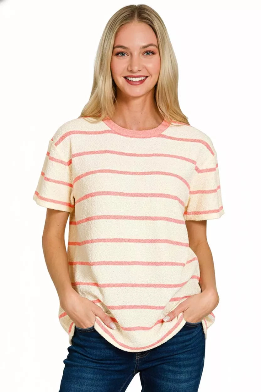 ZENANA Textured Striped Crew Neck T-Shirt on Simply Obsessed