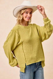 BIBI Boucle Rib Knit Uneven Hem Sweater With Open Seam on Simply Obsessed