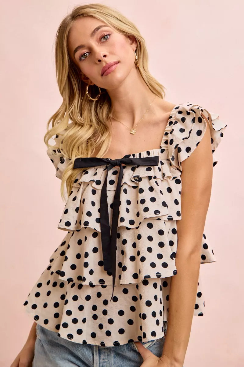 BIBI Polka Dot Ruffled Bow Tied Square Neck Sleeveless Top on Simply Obsessed