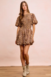 BIBI Leopard Bow Tie Attachable Puff Sleeves Dress on Simply Obsessed