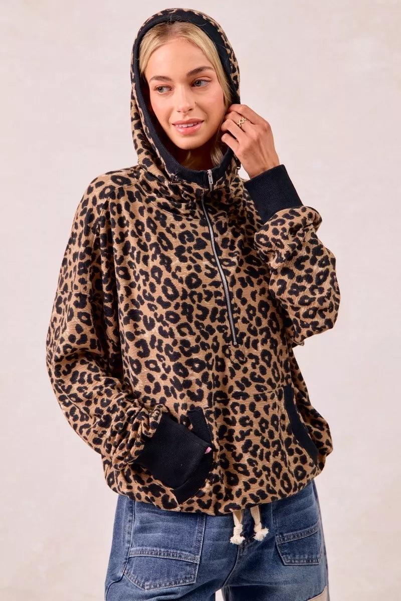 BiBi Leopard Print Waffle Half Zip Up Hoodie W Pocket on Simply Obsessed