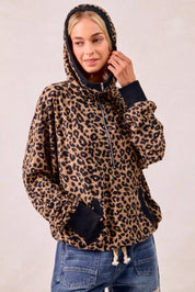 BiBi Leopard Print Waffle Half Zip Up Hoodie W Pocket on Simply Obsessed