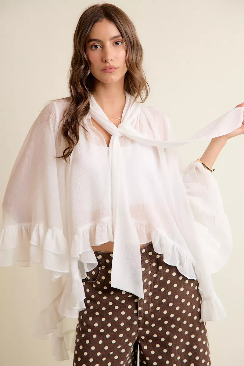 SO ME Sheer Ruffle Bell Sleeves Bow Tie Flowy Blouse Top on Simply Obsessed