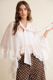 SO ME Sheer Ruffle Bell Sleeves Bow Tie Flowy Blouse Top on Simply Obsessed