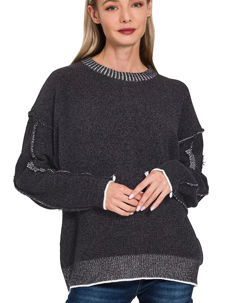 ZENANA Exposed Seam Round Neck Two-Tone Sweater on Simply Obsessed