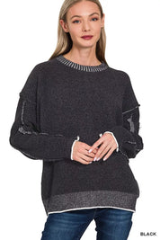 ZENANA Exposed Seam Round Neck Two-Tone Sweater on Simply Obsessed