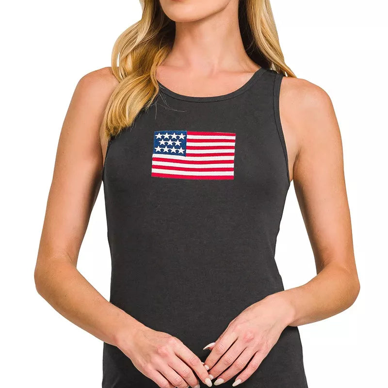 ZENANA Double Scoop American Flag Embroidered Tank Top on Simply Obsessed
