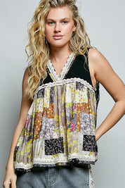 POL Floral V-Neck Sheer Tank with Lace Trim on Simply Obsessed