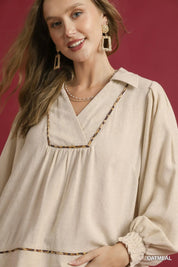 UMGEE Full Size Linen Scallop Hem Blouse with Contrast Trim Plus Size on Simply Obsessed