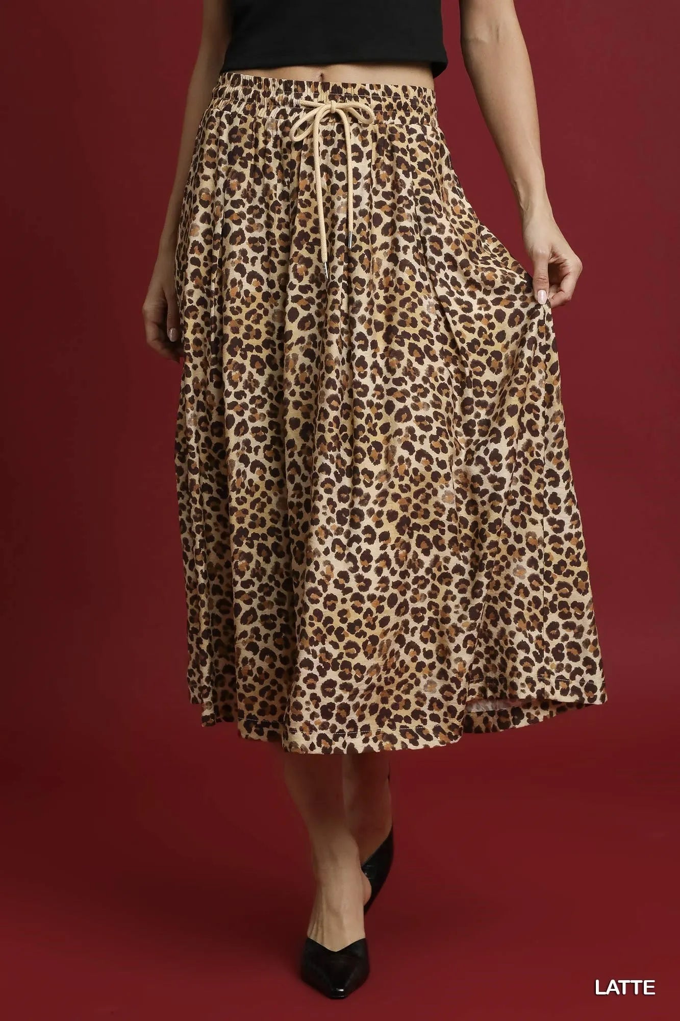 Umgee Drawstring Leopard Midi Skirt on Simply Obsessed
