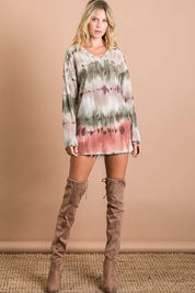 BIBI Brushed Tie Dye Looking Print V Neck Top on Simply Obsessed