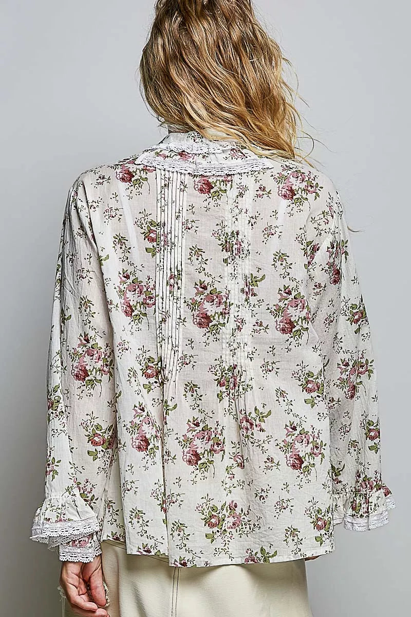 POL Floral Lace Trim Pintuck Button-Down Shirt on Simply Obsessed