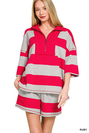 ZENANA Frenchterry Striped Half Zip Top & Shorts Set on Simply Obsessed