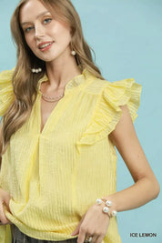 UMGEE Textured Ruffle Sleeve Split V Neck Top on Simply Obsessed