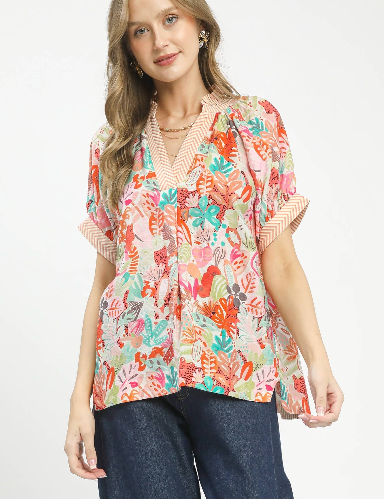 UMGEE Mix Boho Printed V-Neck Top on Simply Obsessed
