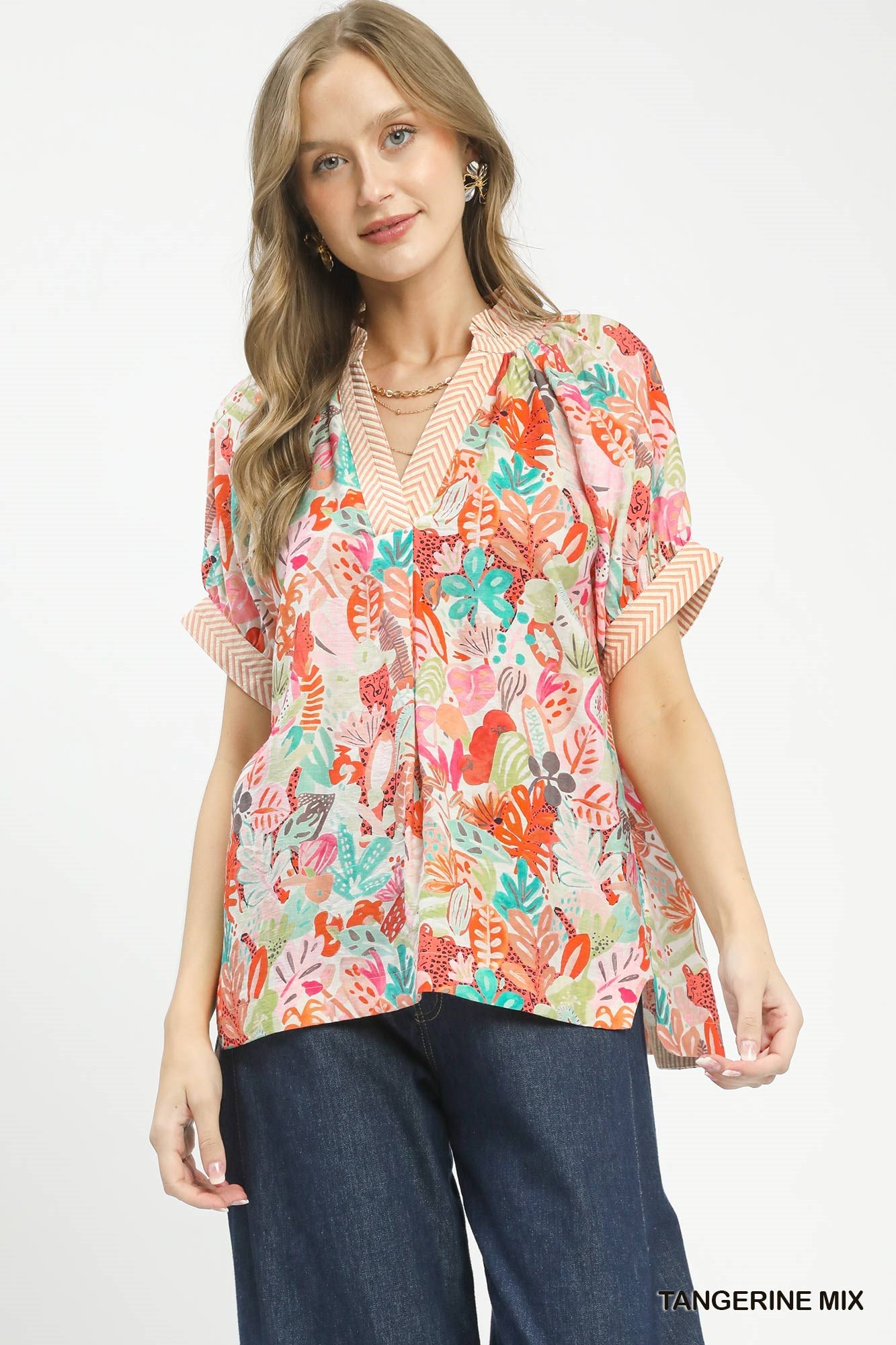 UMGEE Mix Boho Printed V-Neck Top on Simply Obsessed