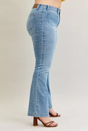 Judy Blue Full Size Mid Rise Bootcut Jeans with Contrast Wash & Front Patch Pockets Plus Size on Simply Obsessed