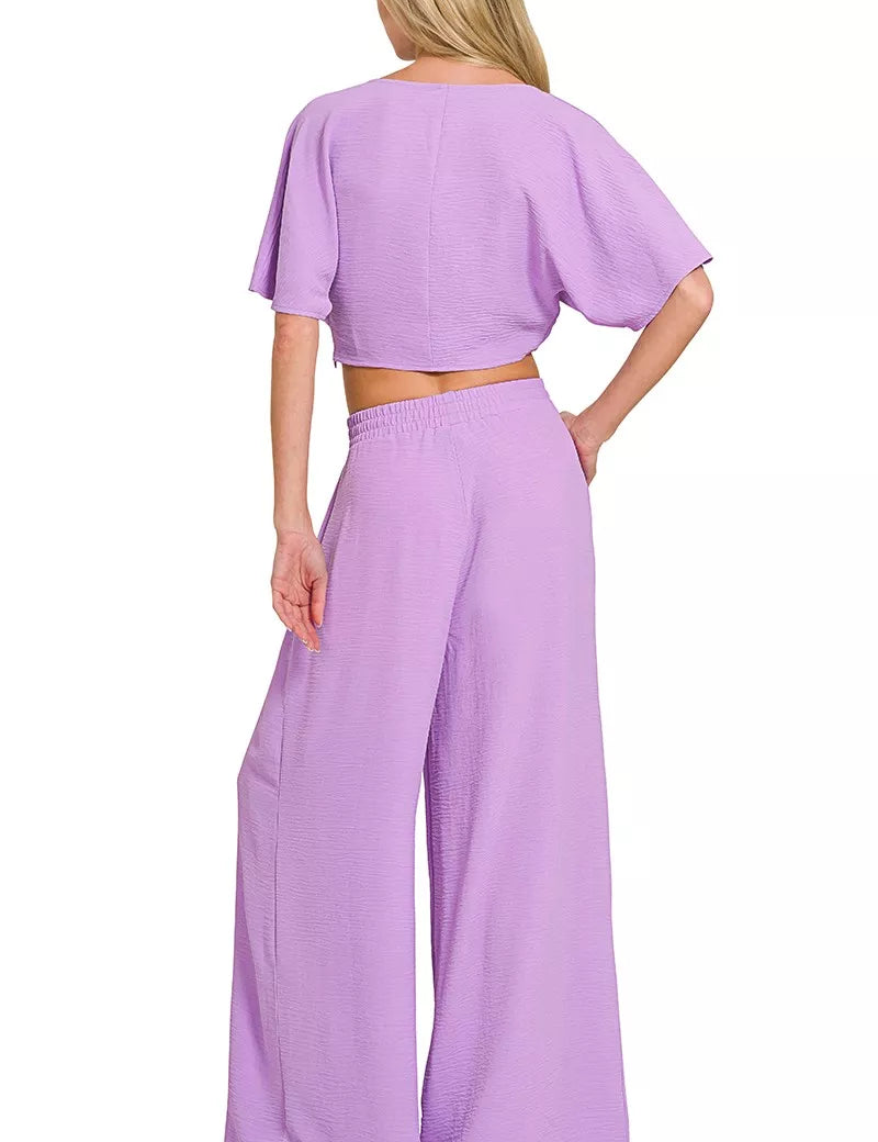 ZENANA Woven Airflow Twisted Top & Wide Leg Pants Set on Simply Obsessed