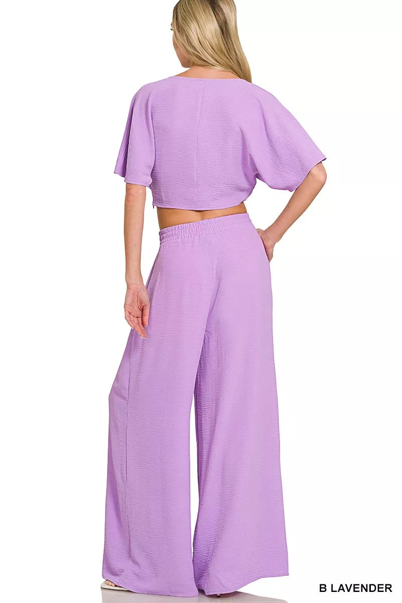 ZENANA Woven Airflow Twisted Top & Wide Leg Pants Set on Simply Obsessed