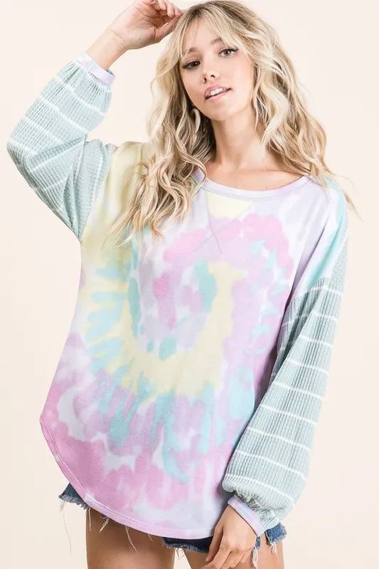 BIBI Tie Dye Terry Top with Wide Stripe Thermal Waffle **LA DEAL** on Simply Obsessed