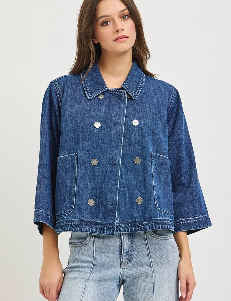 RISEN Double-Breasted Flowy Cropped Denim Jacket on Simply Obsessed
