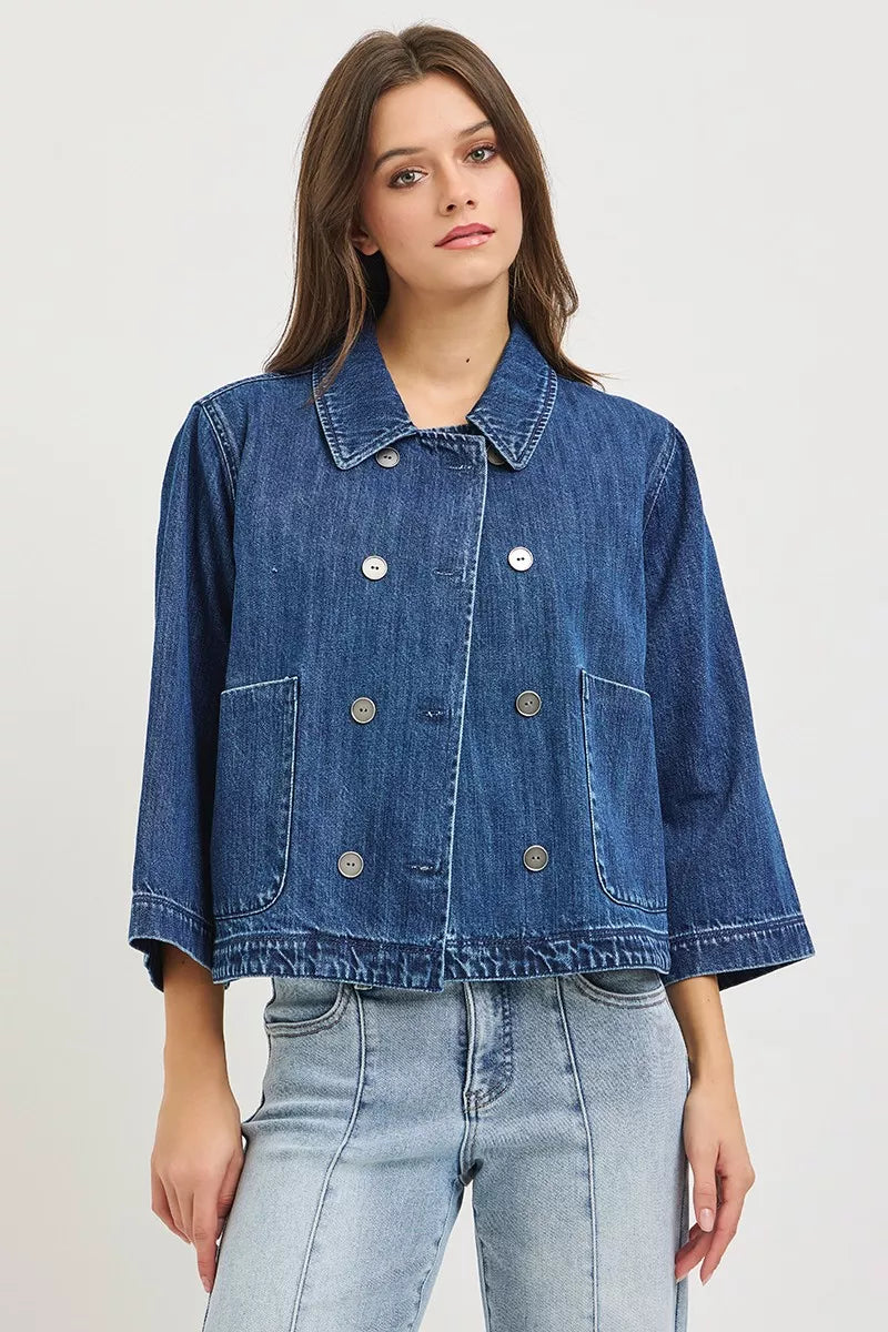 RISEN Double-Breasted Flowy Cropped Denim Jacket on Simply Obsessed