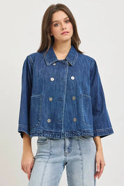 RISEN Double-Breasted Flowy Cropped Denim Jacket on Simply Obsessed