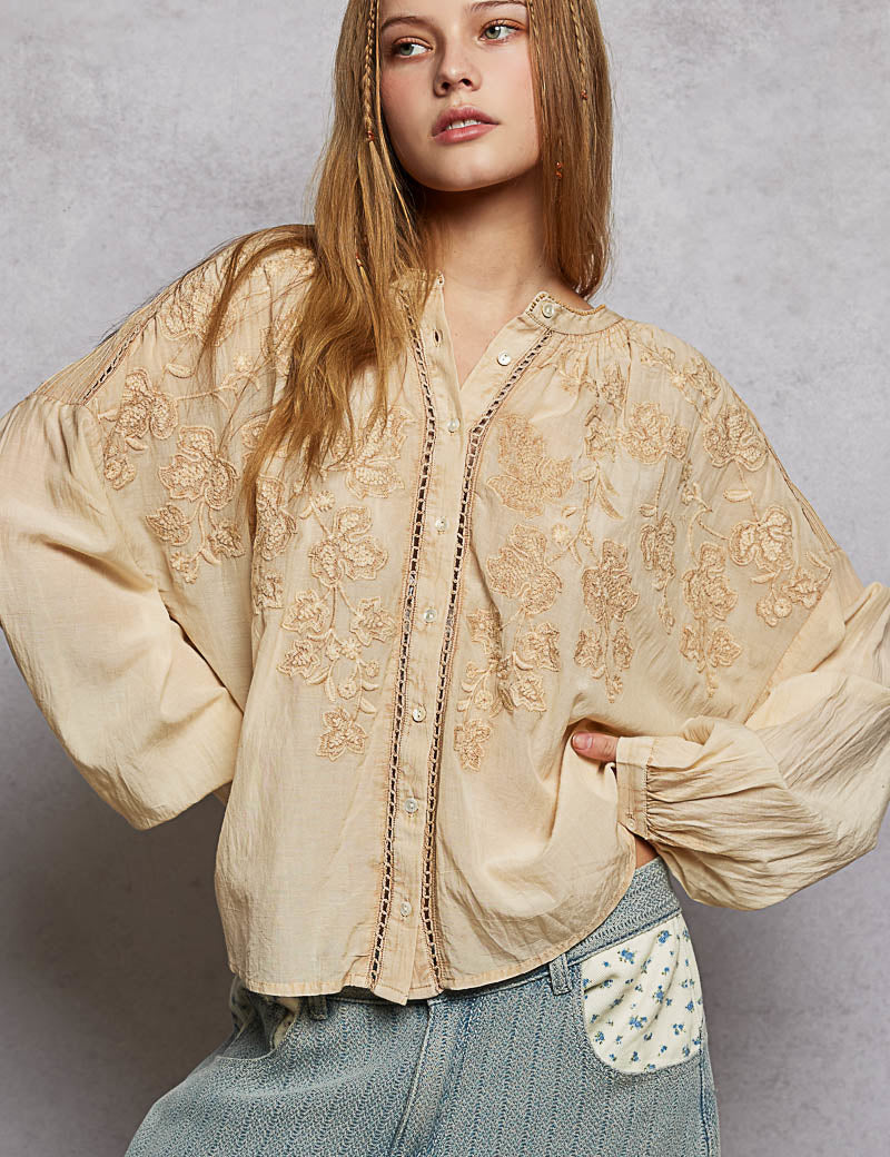 POL Embroidery Button Down Long Sleeve Washed Shirt on Simply Obsessed