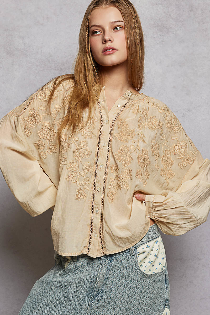 POL Embroidery Button Down Long Sleeve Washed Shirt on Simply Obsessed