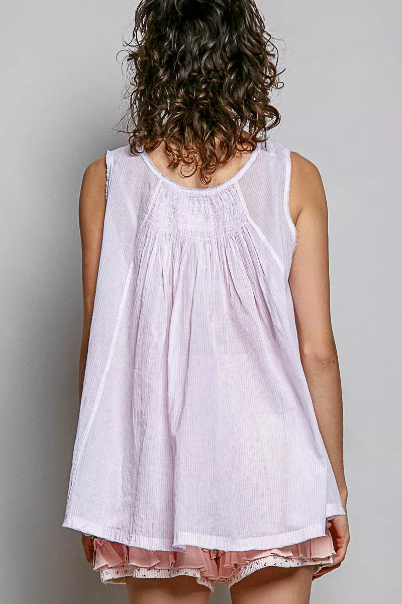 POL Round Neck Sleeveless Striped Pleated Cotton Top on Simply Obsessed