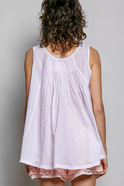 POL Round Neck Sleeveless Striped Pleated Cotton Top on Simply Obsessed