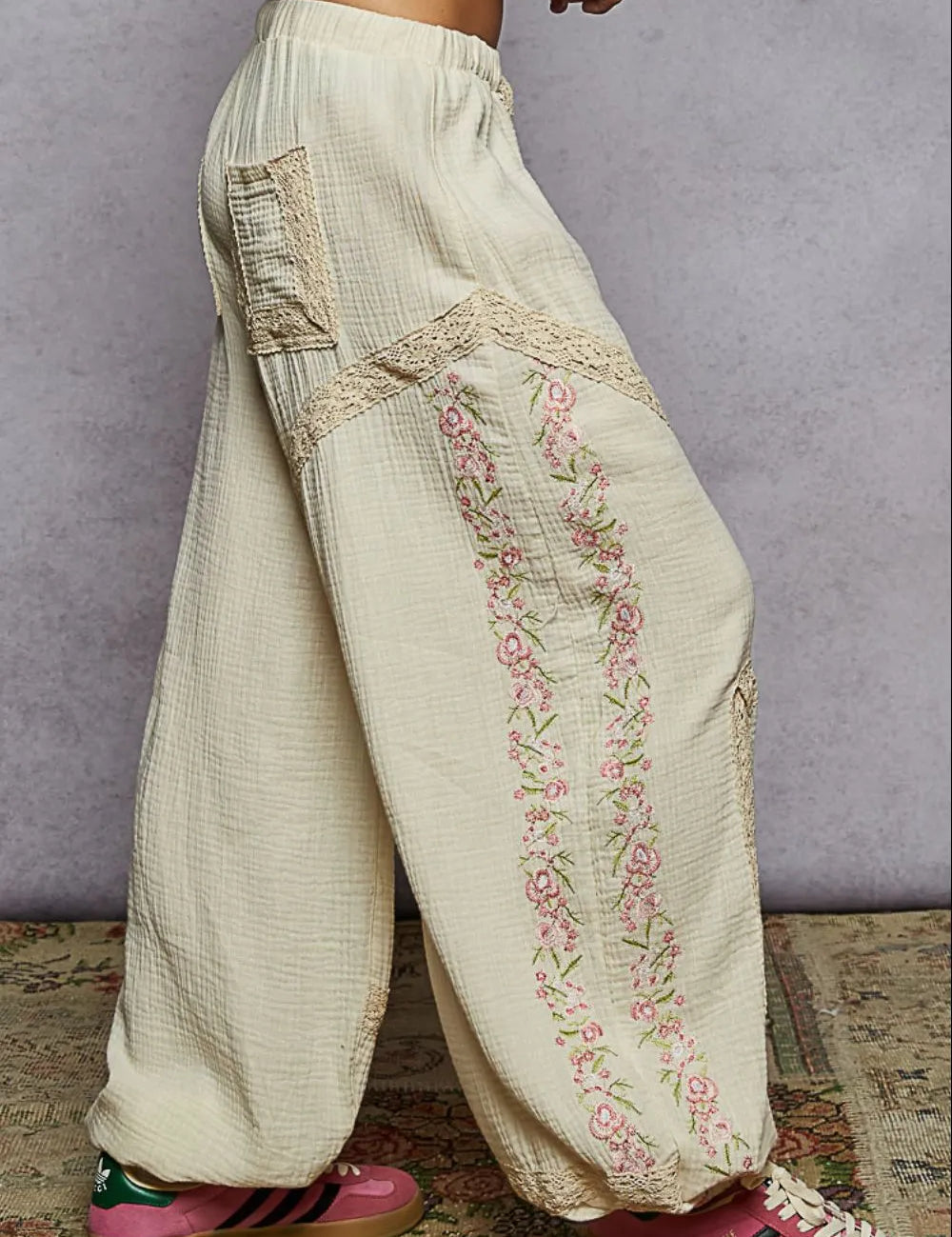 POL Floral Embroidered Drawstring Joggers with Lace Trim on Simply Obsessed