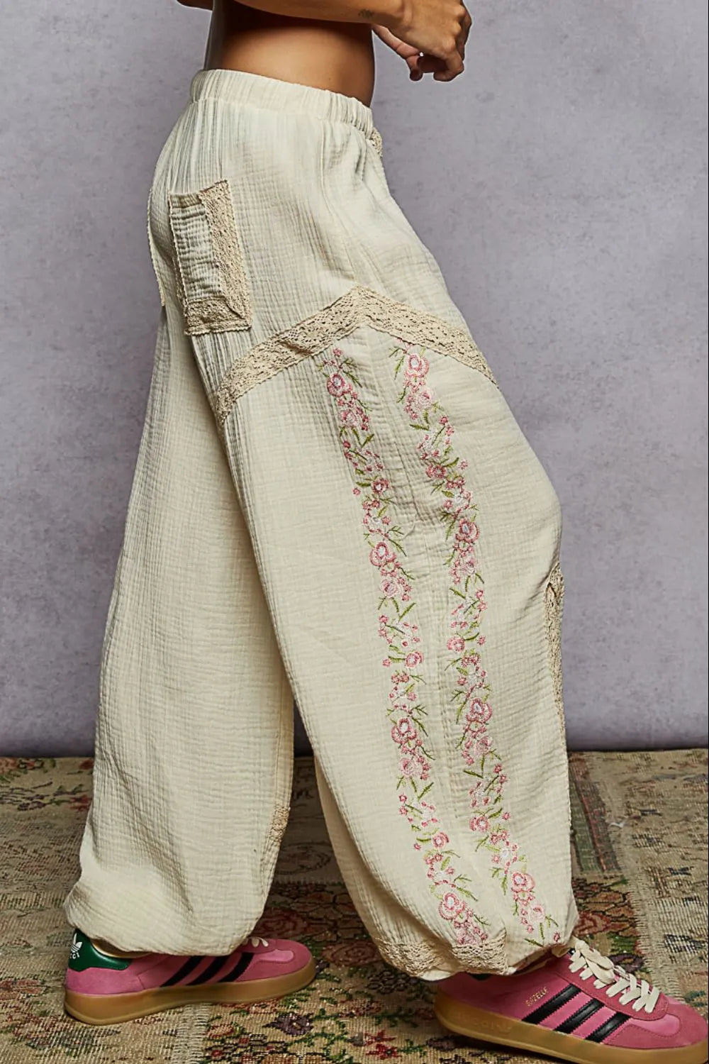 POL Floral Embroidered Drawstring Joggers with Lace Trim on Simply Obsessed
