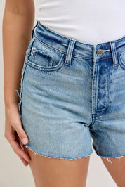 JUDY BLUE Hw Rigid Magic Cut Off Denim Shorts with Raw Side Seams on Simply Obsessed