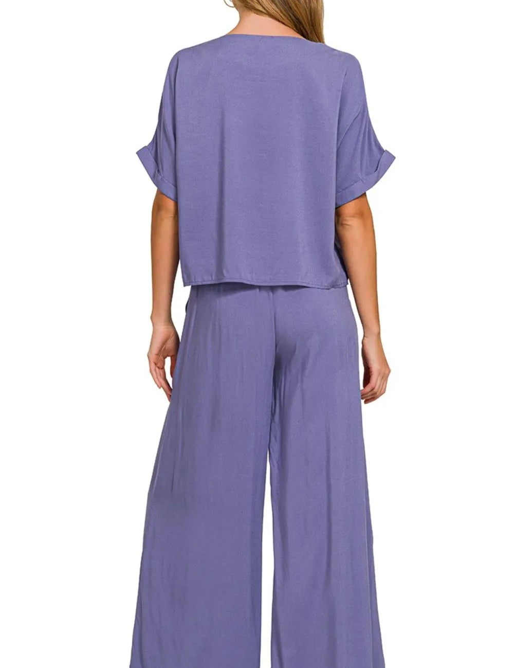 Zenana Round Neck T-Shirt and Wide Leg Pants Set on Simply Obsessed